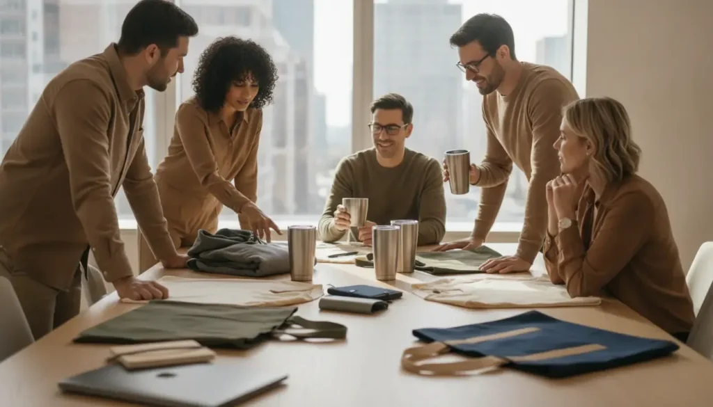 Enterprise team planning a corporate swag budget with branded merchandise samples