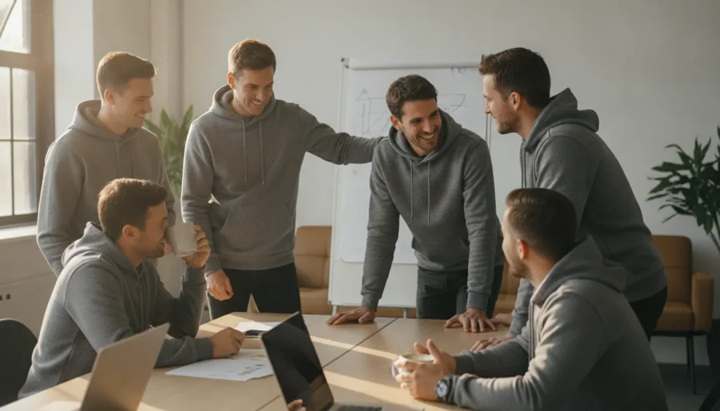 Business team wearing coordinated custom corporate hoodies