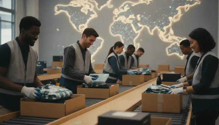 Global fulfillment services team coordinating branded employee merchandise orders