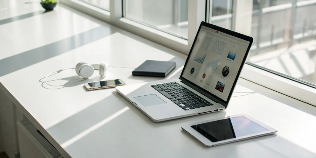 A modern desk with a laptop and smartphone for selling products online.