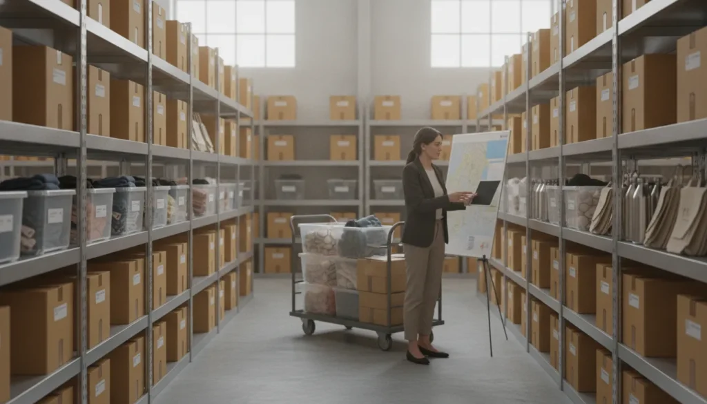 International fulfillment services team coordinating branded merchandise in a warehouse
