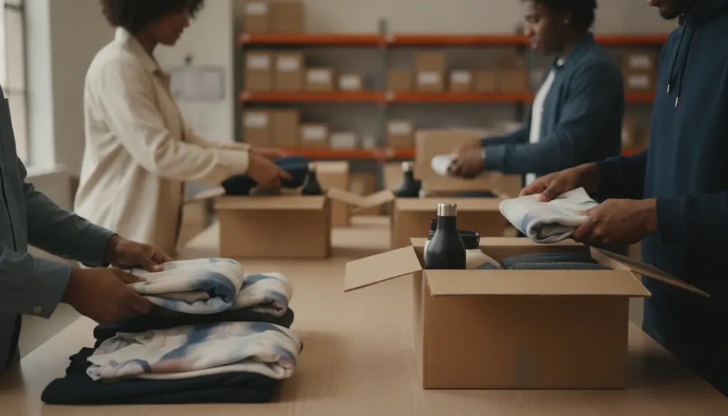 Team organizing branded merchandise for fulfillment and delivery