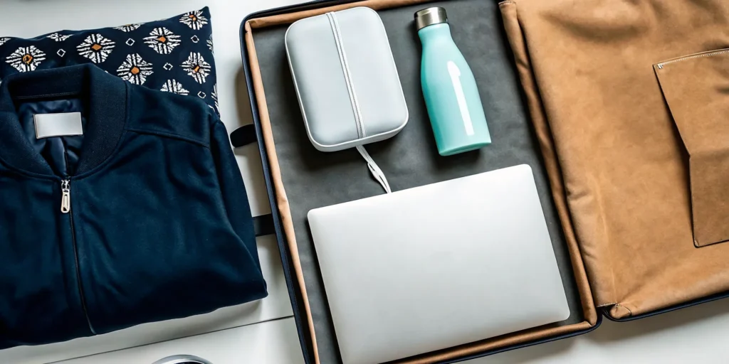 Premium promotional products for tech companies arranged as a merchandise kit