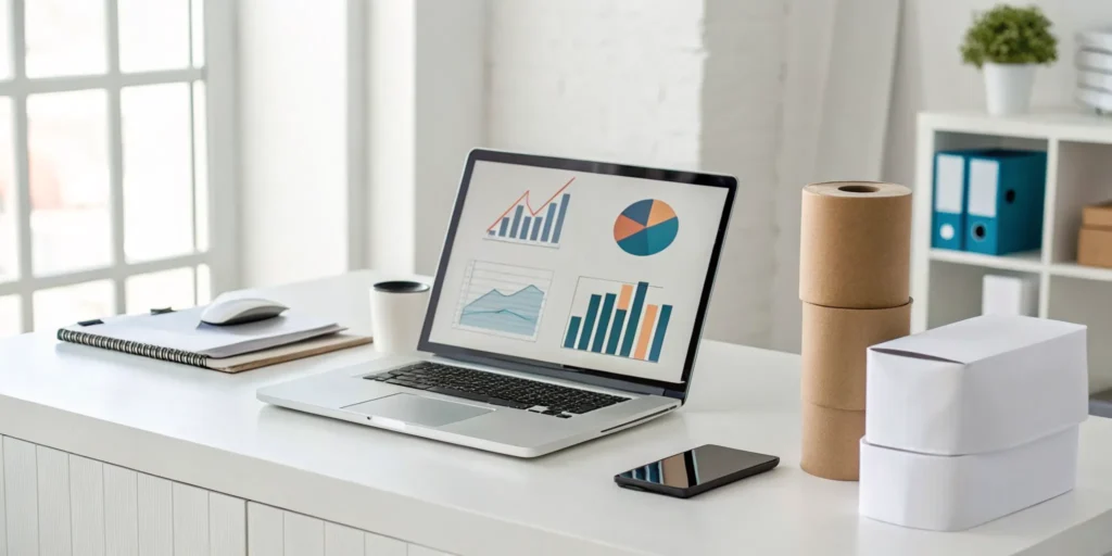 A laptop showing a swag management platform's analytics next to branded swag boxes.