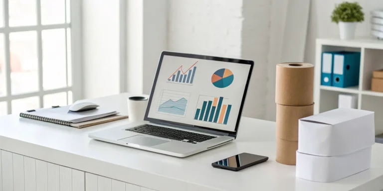 A laptop showing a swag management platform's analytics next to branded swag boxes.