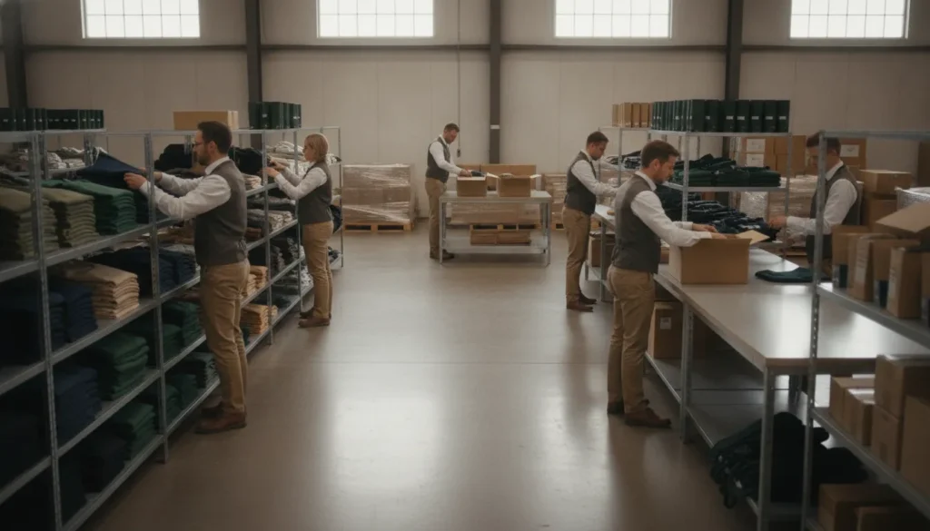 Warehouse team coordinating branded merchandise fulfillment