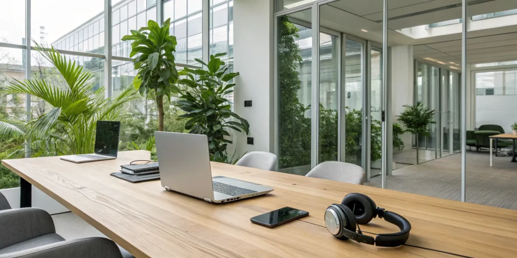 Laptops and headphones on a desk, available through an employee purchase programme.