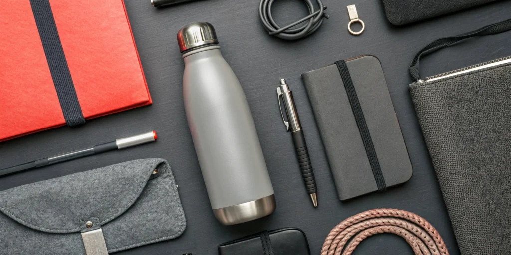 Worthy promotional products like a custom water bottle, notebook, and modern tech accessories.