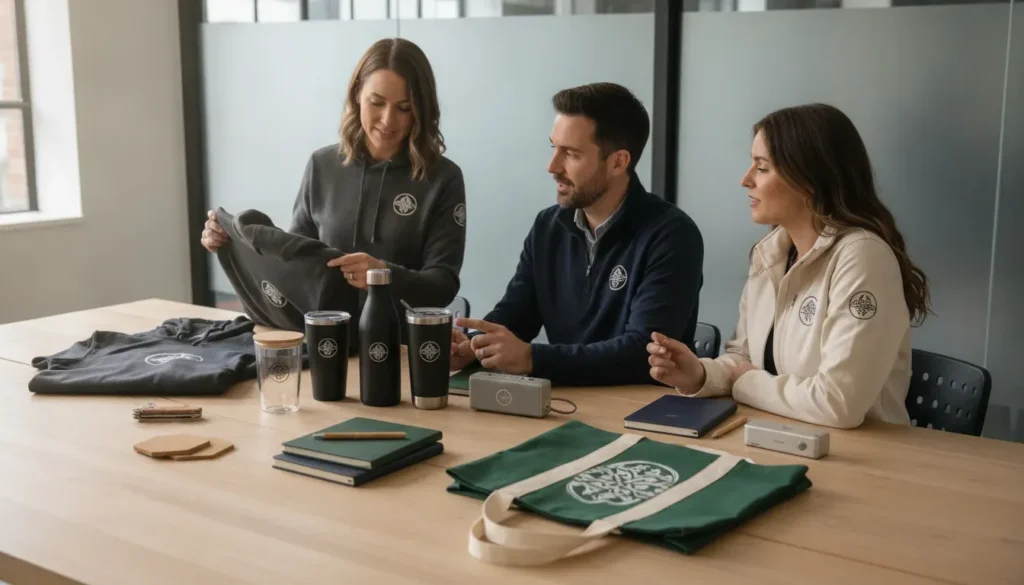 Business team evaluating custom promotional products for a branded merchandise program