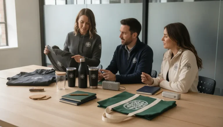Business team evaluating custom promotional products for a branded merchandise program