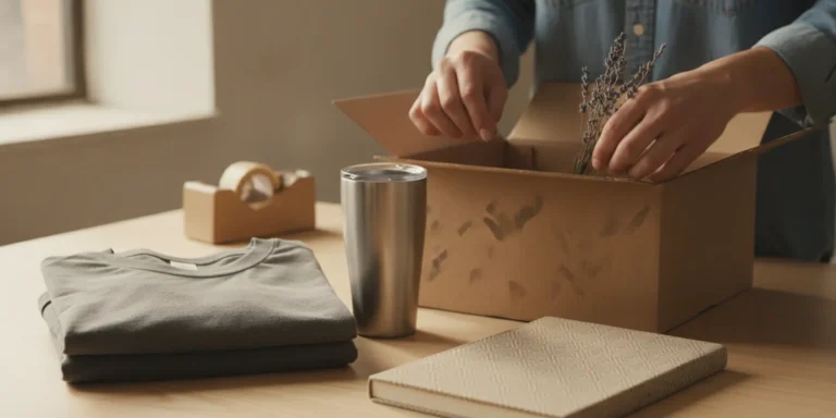 Branded employee gift kit arranged for shipment to a distributed team