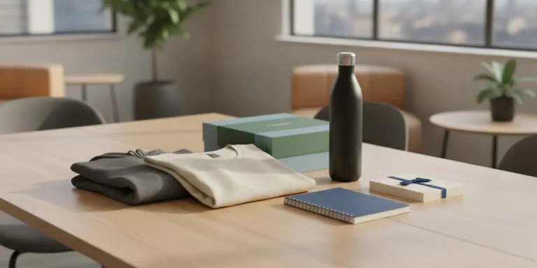 Branded employee onboarding kit with apparel, drinkware, and welcome materials arranged for shipment