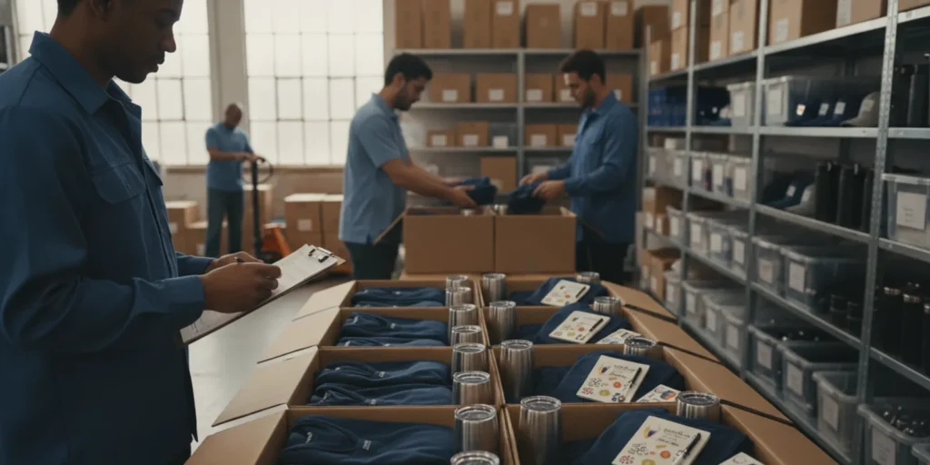Branded merchandise boxes being prepared for delivery in a fulfillment workspace