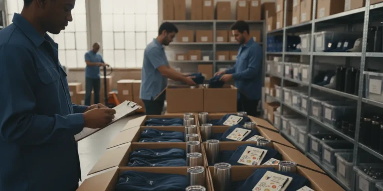 Branded merchandise boxes being prepared for delivery in a fulfillment workspace